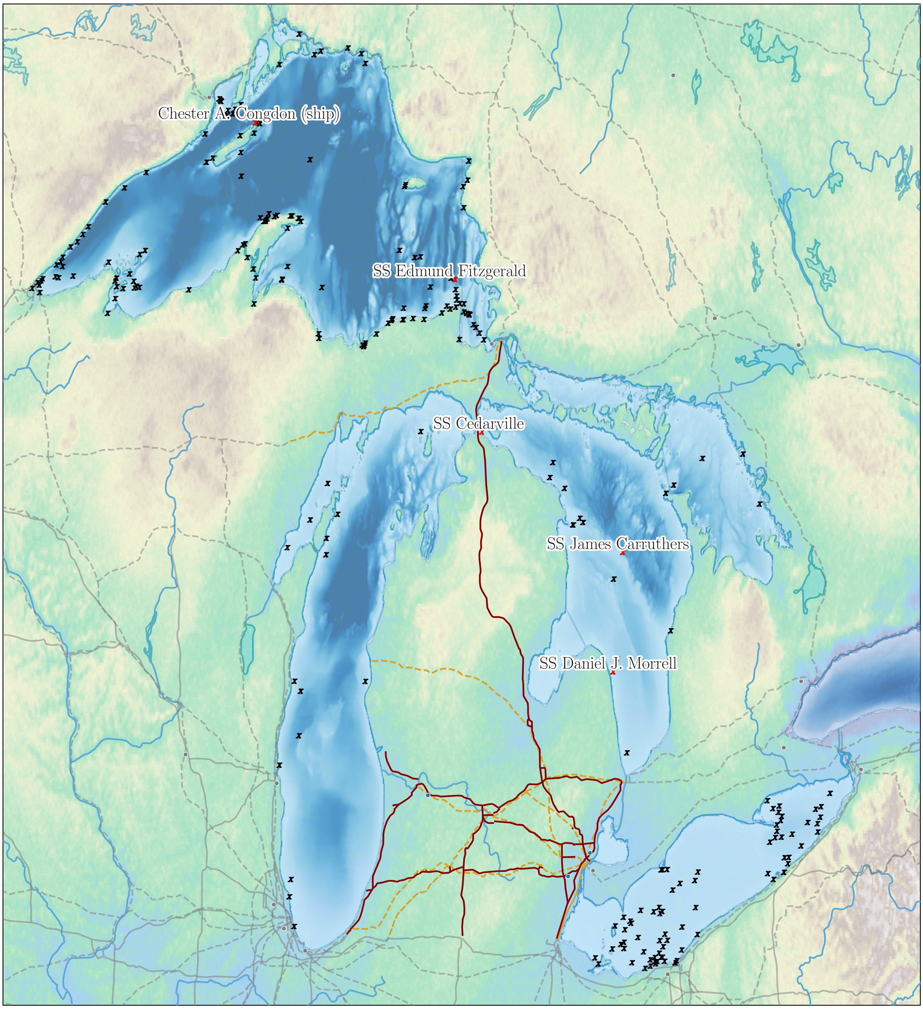 Marked in `X` are locations of every recorded shipwreck that's taken place on the Great Lakes, excluding Lake Ontario (for aspect ratio-related aesthetic reasons). In red are the five largest wrecks.